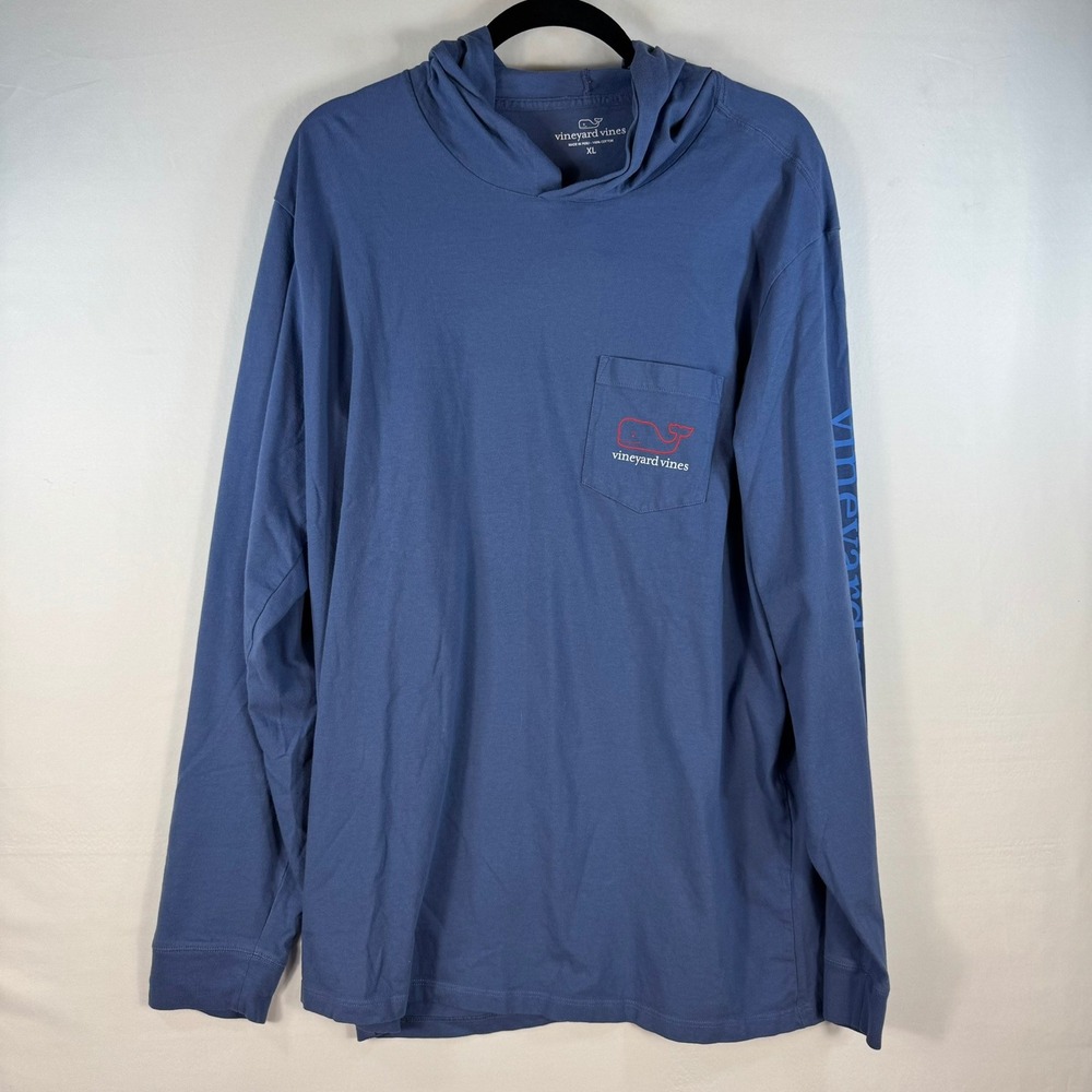Vineyard Vines Mens XL Blue Long Sleeve Hooded Graphic Pocket T-Shirt Cotton